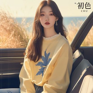 初色 簡約蕾絲拼接圓領印花長袖寬鬆T恤衛衣上衣女上衣-黃色-38160(M-3XL可選)