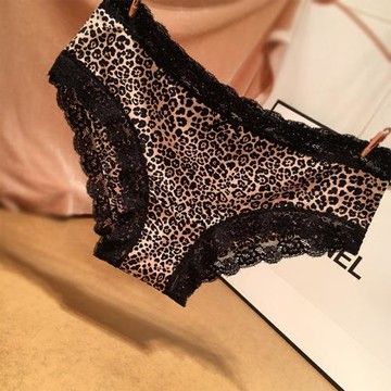 日系 輕盈舒適豹紋潤肌冰絲內褲女 性感蕾絲邊蝴蝶結純棉襠三角褲