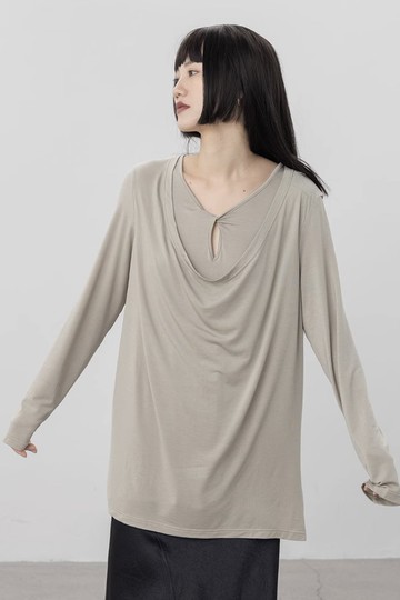 法式復古 假兩件扭結鏤空T恤 天絲舒適垂感上衣