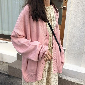 韓版💗慵懶風針織衫開衫 外套v領上衣女寬松毛衣披肩外搭 純色大口袋外穿 排扣針織上衣 針織開衫 針織外套 女上衣
