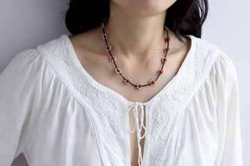 串珠銀花項鍊短編織珊瑚項鍊