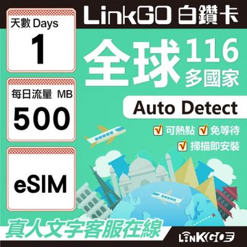 LINKGO白鑽卡 全球116國 eSIM卡 1天上網卡 每日500MB(全球網卡 亞洲 歐洲 美洲 大洋洲 非洲)