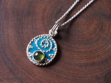 琺瑯七寶燒 粒紋 手工純銀鑲寶 碧璽電氣石 項鍊 含銀鍊