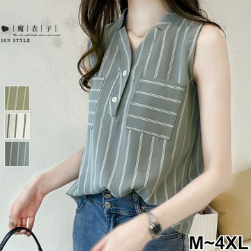 【QV2549】魔衣子-直條紋雙口袋V領無袖上衣