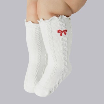 HAPPY PRINCE 幼兒 Fleur 麻花蝴蝶結刺繡及膝襪 韓國製  象牙白  L