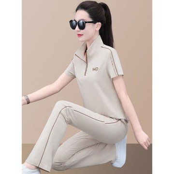 運動套裝夏裝女時尚新款冰絲薄款短袖速干大碼跑步服夏休閑兩件套