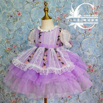 夏款女童紫色蕾絲紗紗洛麗塔連衣裙刺繡網紗生日禮服西班牙公主裙