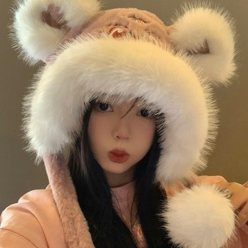 國潮可愛醒獅帽女秋冬季顯臉小保暖毛絨帽子加厚保暖護耳雷鋒帽