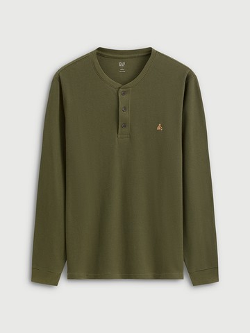 男裝 小熊刺繡圓領長袖T恤-軍綠色