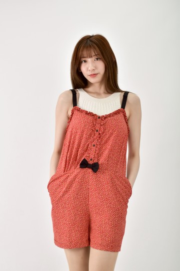 (XL) 高腰質感碎花無袖排扣紅色連身裝