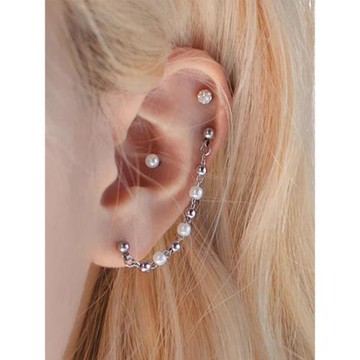 SHIMMIAN雙耳洞耳鏈珍珠金屬結構耳橋鏈簡約原創設計鈦鋼桿防不適