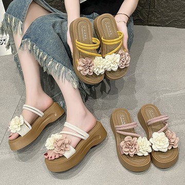 厚底鞋．日系雙色花朵線條繞帶露趾拖鞋．白鳥麗子