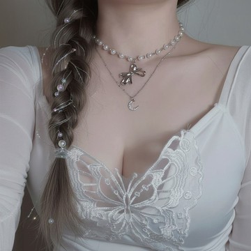 (BABYMONSTER Ahyeon、Ruka 項鍊) 公主蝴蝶結月亮疊戴項鍊 - 銀色