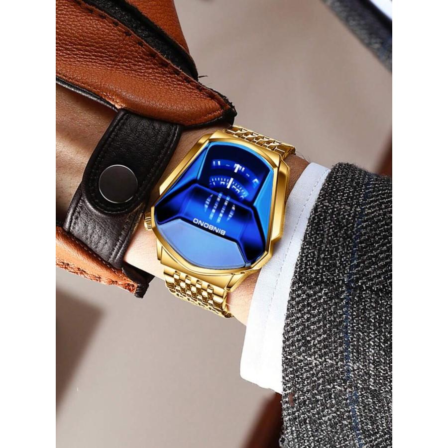 腕時計 メンズ クォーツ メンズ 時計 ゴールド ステンレス鋼 ストラップ ブルー 機関車 クォーツウォッチ 防水