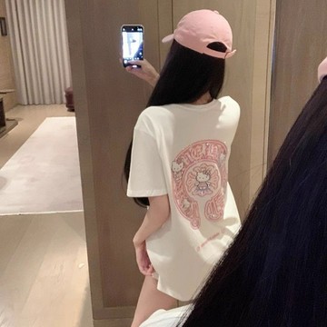 【重工燙鑽設計】短袖T恤 上衣女 短袖上衣 粉白撞色 十字架貓咪 梵文燙鑽 短袖女T恤 夏季新款 減齡半袖衫 個性上衣
