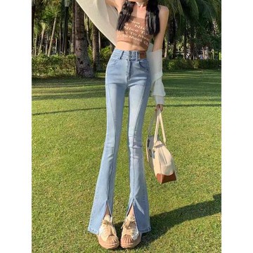 高腰開叉微喇牛仔褲女2025年夏季薄款淺色喇叭褲小個子顯瘦拖地褲