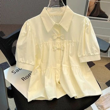 SY韓版上衣國風盤扣短袖襯衫女夏季短袖上衣新款泡泡袖減齡甜美娃娃衫寬鬆上衣翻領上衣