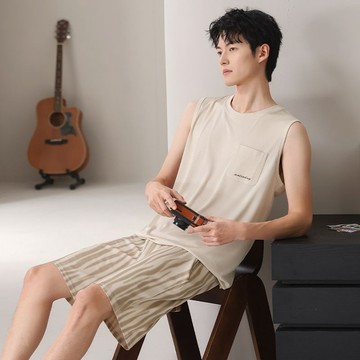 夏季男士冰丝背心睡衣套装无袖家居服大码螺纹可外穿凉感薄款休闲