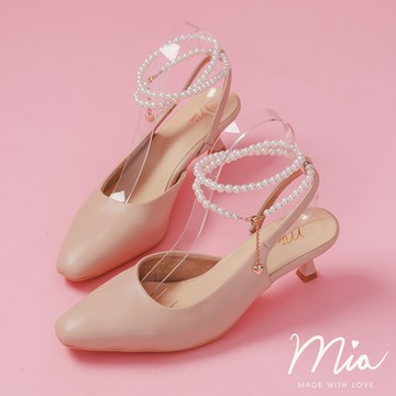 🧰開工必備單雙7折🧰ANNSTAR 子芯Mia聯名-優雅交響曲可拆珍珠鍊條拉帶跟鞋4.5cm-杏