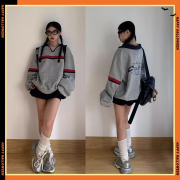 初系現+免運 美式慵懶風V領衛衣 撞色拼接上衣 套頭大學T 長袖 情侶上衣 上衣 衛衣 長袖 寬鬆上衣 加絨衛衣