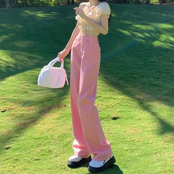 粉色闊腿牛仔褲女直筒寬松夏季2024薄款高腰加長彩色垂感拖地褲子