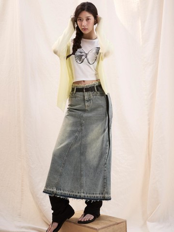 Washed Fringe Long Denim Skirt [Blue]