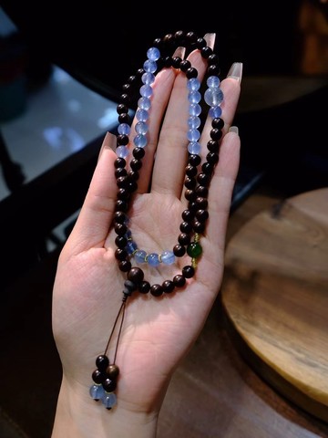 天然海藍寶手鏈手持搭配小葉紫檀三圈手鏈手持文玩手鏈新中式手鏈