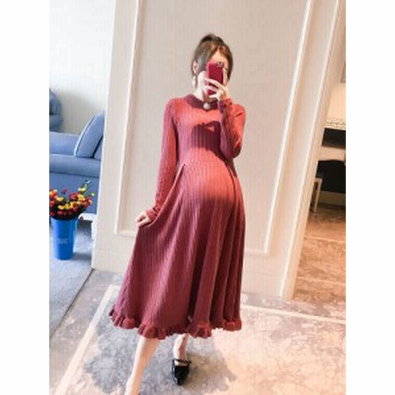 マタニティ ワンピース マタニティウエア ワンピース ロング ニットワンピース セーター 丸首 ウエストリボン 編み込み フリル フレア 体 通販 Lineポイント最大1 0 Get Lineショッピング