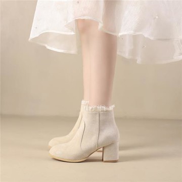 韓系小香風2024秋冬新款高跟短靴馬丁靴粗跟靴子女小裸靴冬季加絨