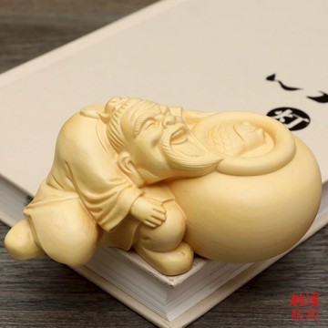 楠溪匠心黃楊木雕漁翁得利擺件木質工藝品客廳鎮宅招財風水小擺件1入