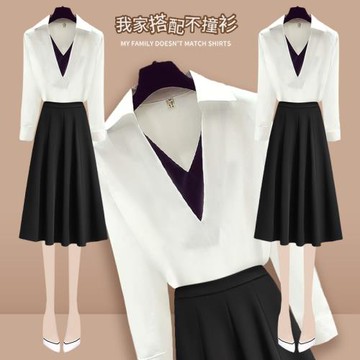 職業通勤V領撞色長袖襯衫女2032春秋高腰A字垂感半身裙兩件套裝