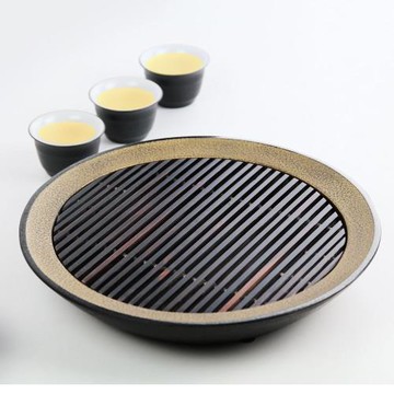 生活禪「圓融」石與木日式茶盤 (Ø27*3.5cm) / 玄武岩石雕+黑檀木／台灣工藝