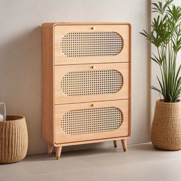 鞋櫃 鞋架 換鞋凳 免運速發 開立發票  實木生態板仿藤編鞋櫃入戶門口門廳鞋櫃超薄翻斗北歐簡約侘寂風