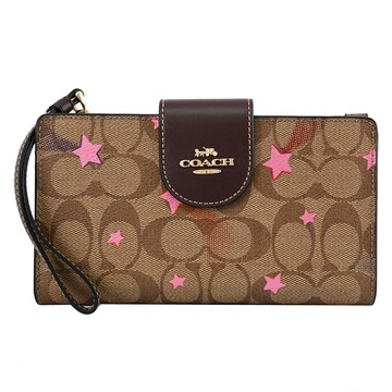 COACH C7292 馬車LOGO星形花紋手提式手機長夾.駝/深咖