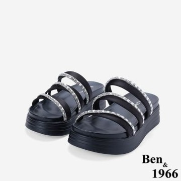 Ben&1966高級精緻百搭帶鑽細帶厚底拖鞋-黑(266241)