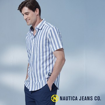 Nautica 男裝 藍白條紋休閒短袖襯衫-藍白色