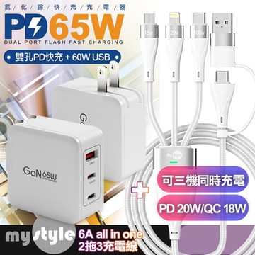 CB 65W 氮化鎵快速充電器 JT-G65B白+MyStyle 二出三 6用型快充線-白