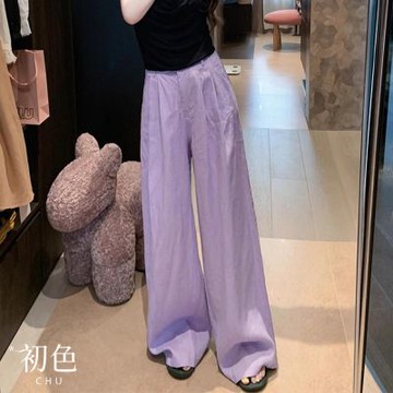 初色 純色單扣直筒寬鬆修身休閒褲寬褲長褲-紫色-12810(M-XL可選)