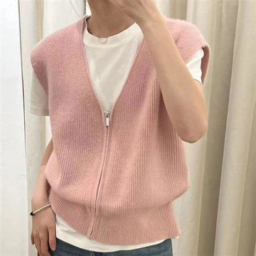 【米蘭精品】針織衫無袖毛衣-純色V領拉鍊馬甲女上衣7色74ik56