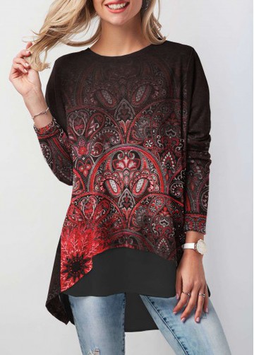 Button Back Printed Dip Hem Tunic T Shirt
