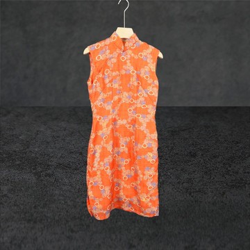 二手 日式琉璃球花紋 橘色 古董訂製 小腰圍 薄無袖旗袍 CA0803