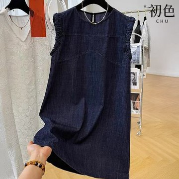 初色 韓版顯瘦純色圓領無袖小飛袖牛仔短裙連衣裙連身洋裝-深藍色-19280(M-XL可選)