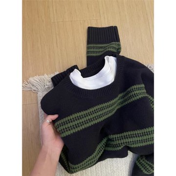 韓系條紋撞色毛衣女秋冬新款高級感寬松慵懶風軟糯內搭針織衫上衣