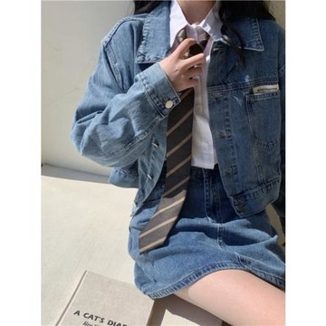 小矮個子牛仔外套港風新款春秋女套裝半身裙超短裙兩件顯高穿搭xs