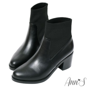 Ann’S素面異材質拼接襪套粗跟短靴(版型偏小)