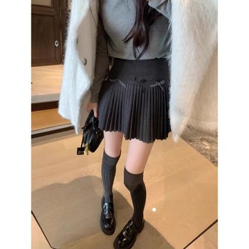 白色半身裙蝴蝶結裙子黑色百褶裙女裝秋冬高腰顯瘦A字裙毛呢短裙