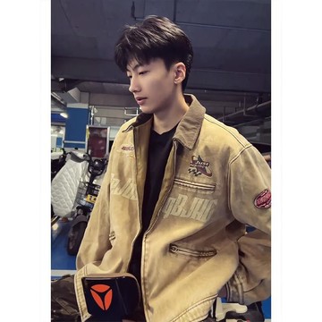 痞帥休閒寬鬆高級感上衣男美式高街翻領撞色長袖外套男