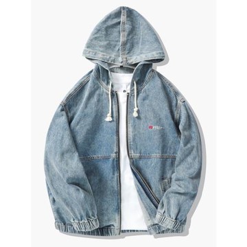 美式復古連帽牛仔外套男款秋冬季2026新款淺藍色寬松潮流男士夾克