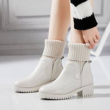 歐洲站軟面短靴女秋冬針織毛線彈力襪靴真皮馬丁靴厚底加絨保暖靴