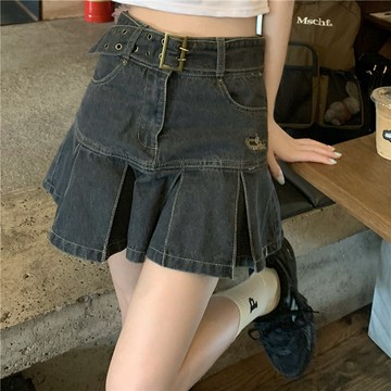 TGNS 牛仔短裙 無內襯高腰短裙 辣妹 純欲風 美式復古 A字裙 辣妹短裙 百褶裙 韓版半身裙 水洗牛仔半身裙 牛仔裙